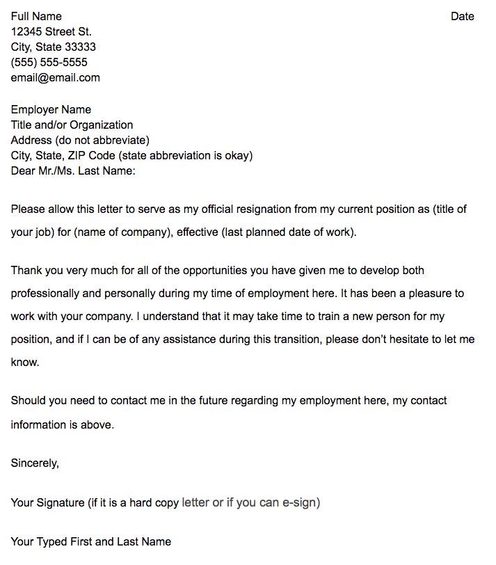 Resignation Letter Example